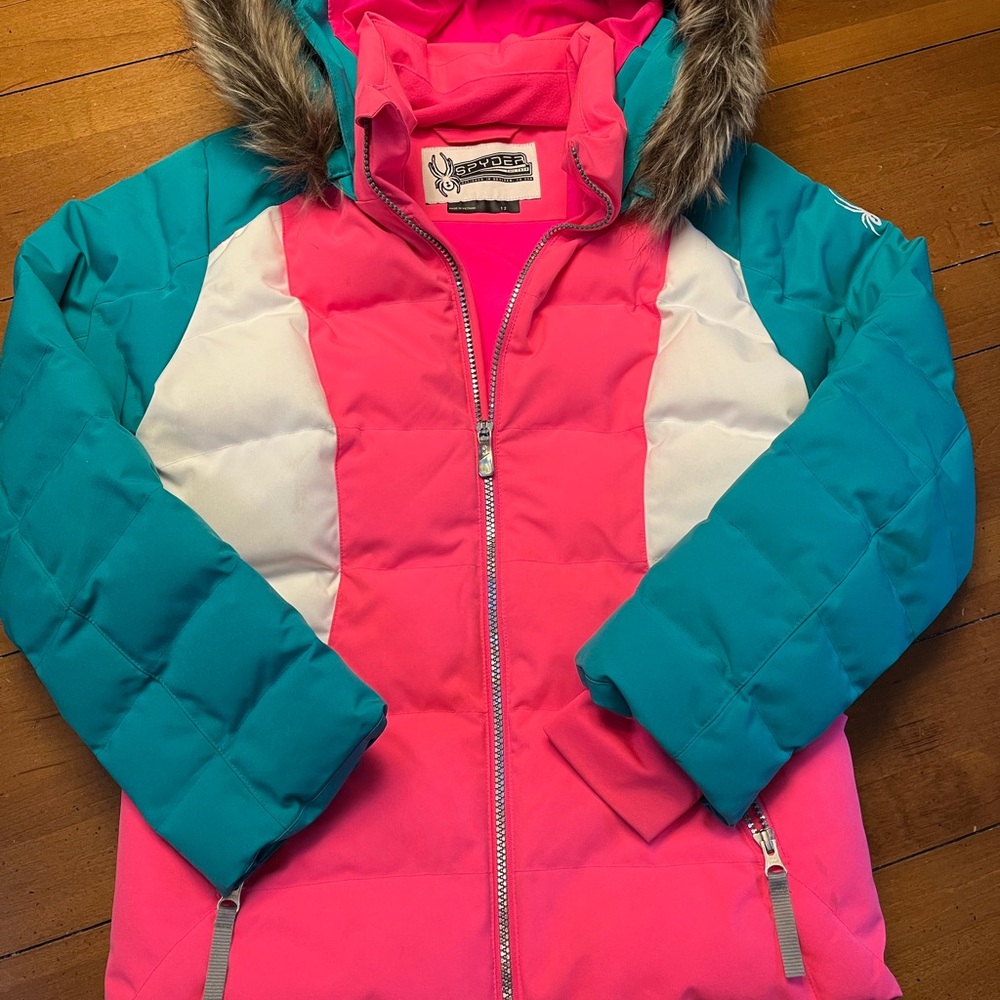 Spyder Ski Jacket. Pink Teal and White with removable fur